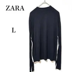 ザラ　ブラック　ホワイトライン入り　長袖ニット　薄手　L 袖口スリット