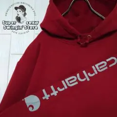 人気 カーハート スウェット パーカー L相当 レッド 袖プリント 古着