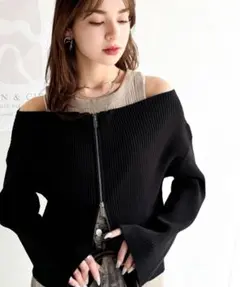 【mily bilet】オフショルダブルジップニットカーディガン【ブラック】