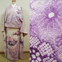 淡い紫色の絞りに牡丹や花々　振袖