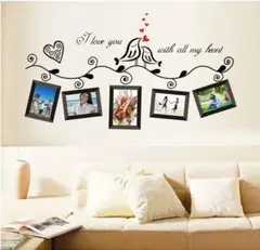 訳あり品 安い ウォールステッカー 小鳥とフォトフレーム 黒枠 ハート 英文字