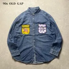 90s OLD GAP ペイントアートデニムシャツ 長袖 ミディアムブルー 古着