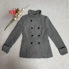 グレー ダブルブレスト ピーコート ウール混紡