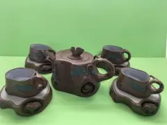 宜興紫砂　方圓牌　茶器セット　動物彫刻付き　コレクター