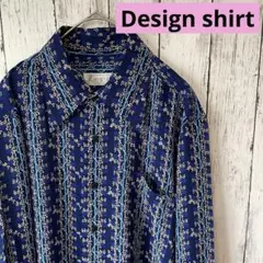Design shirt ブルー 総柄 シースルー 長袖 シャツ