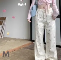 デニム　パンツ ベアー柄デニム　韓国　ワイドデニム　ストレート　M ジーンズ 熊
