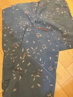 青色花柄小紋着物　アンティークお召し