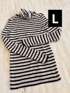 ユニクロ☆メリノリブタートルネックニット ボーダーLサイズ