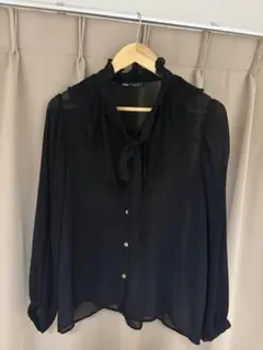 ザラZARA フルイドブラウス　プリーツスリーブ　リボン　黒　シースルー S