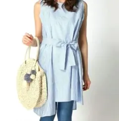 新品 FASHFREN ストライプ柄 ノースリーブ チュニック ワンピース 綿のサムネイル