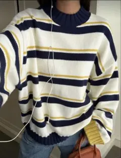 ストライプ柄　クールネックセーター　レディース
