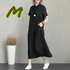 新品 ワンピース レディース シンプル 半袖 シャツ カジュアル 黒 M