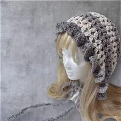 フリル付きボンネット バブーシュカ ヘッドドレス グレー＆ホワイト