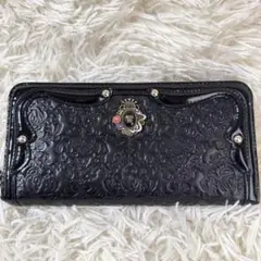 【美品】アナスイ　セルパン　がま口　ラウンドジップ　レザー　長財布　花柄　黒