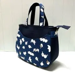 ハンドメイド　ラウンドトートバッグ　シマエナガ　濃紺