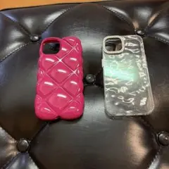 ピンクキルティング風ソフトケースとクリアハードケースセット　iPhone14