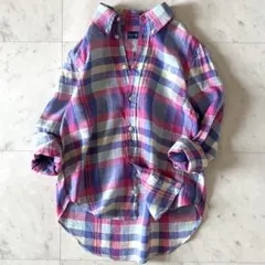 美品＊ラルフローレン リネンチェックシャツ M 麻100 長袖 ピンク×ブルー系