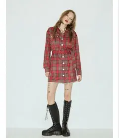 jouetieビッグカラーフレアミニワンピース チェック柄 夏服 レッド