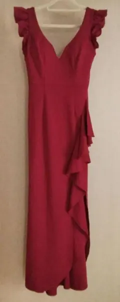 JEWELS ワインレッド Vネック フリルロングドレス