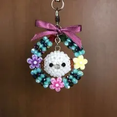 ハンドメイド シマエナガ お花 リース ビーズストラップ チャーム　水色