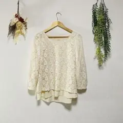 MUSMUSH アイボリー レース 長袖カットソー リボン付き Lサイズ
