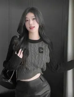 ケーブルニット クロップドセーター グレー ブラック