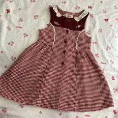 Souris 110㎝　赤と白のチェック お花モチーフ　　ノースリーブワンピース