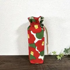椿 ✿ フリル.Msize ペットボトルカバー　水筒カバー 水筒ホルダー　和柄