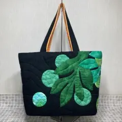 【ハンドメイド】ハワイアンキルトバッグ キルティングトートバッグ黒 緑 オレンジ