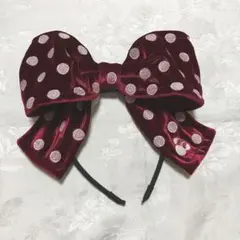 ミニー　ベロア　カチューシャ　赤　リボン　水玉刺繍　ドット　廃盤品　ディズニー