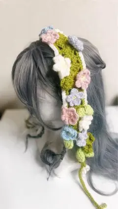 かぎ針編み フラワーヘッドドレス ハンドメイド 花冠風 ヘアアクセサリー