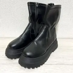 ブラック 厚底ストレッチブーツ ミドル丈　PUレザー