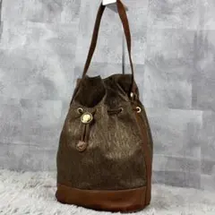 美品 オールドグッチ レザー キャンバス 総柄 巾着 斜め掛け ショルダーバッグ