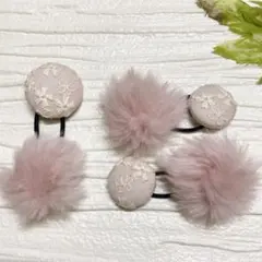 お買い得♡お揃い　小花刺繍とファー　シンプルくるみボタン　ヘアゴム 3個セット