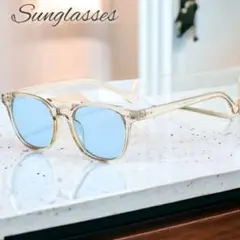 ウェリントン ブルーレンズ サングラス クリアフレーム UVカット//