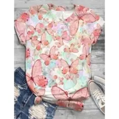 激安　M　大人気　韓国版　プリント　Tシャツ　半袖　ゆったり　ピンク蝶々
