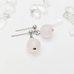 天然石　ピアス　8mm【ローズクォーツ】　一粒石　 　ハンドメイド