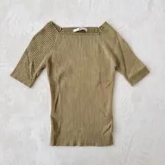 GRLグレイル 半袖ニットカットソーM 細リブ スクエアネック カーキ