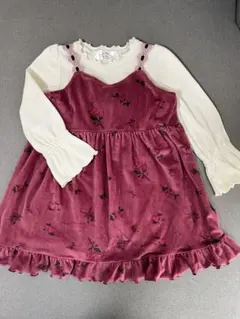 【100cm】Majolica バックリボン　花柄　ベロアワンピース　重ね着風