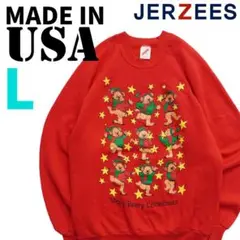 90s USA製 Jerzees スウェット 赤 L クマ クリスマス