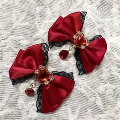 ♡ リボン　ヘアピン　ヘアアクセサリー　レッド×ブラックレース　2点セット