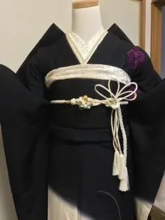 振袖フルセット　黒　白　牡丹　正絹　豪華　振袖6点セット　成人式　卒業式