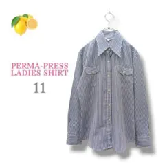 12『パーマネントプレス』ストライプ 長袖シャツ【L】ワイシャツ ブルー 青のサムネイル