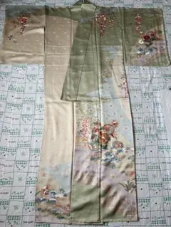 訪問着 正絹 袷 金彩 藤 花丸文 ぼかし グリーン ベージュ 一度着用