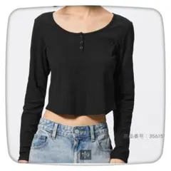 GU ジーユー　コットンブレンドリブクロップドヘンリーT(長袖)(ドライ)黒