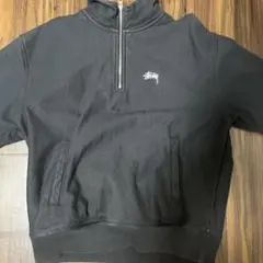 ステューシー ハーフジップ スウェット 刺繍ロゴ◎裏起毛 黒 M