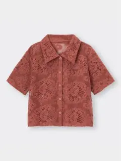 【GU】レースコンパクトシャツ(半袖)／ブラウン／Lサイズ