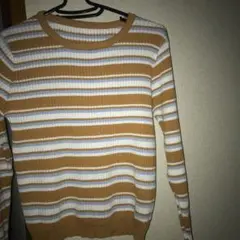 リブ編み 茶色と白のストライプセーター　即買い大歓迎