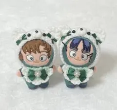 ぬい服　8cm くま耳ボンネット、スタイセット　緑　2点