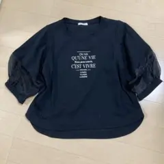 ロゴ　5分袖　トップス　シアー　M
